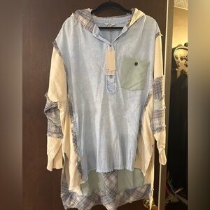 Blue Velvet Patchwork Light Blue & Cream Hi-Lo Long Sleeve Hoodie Top